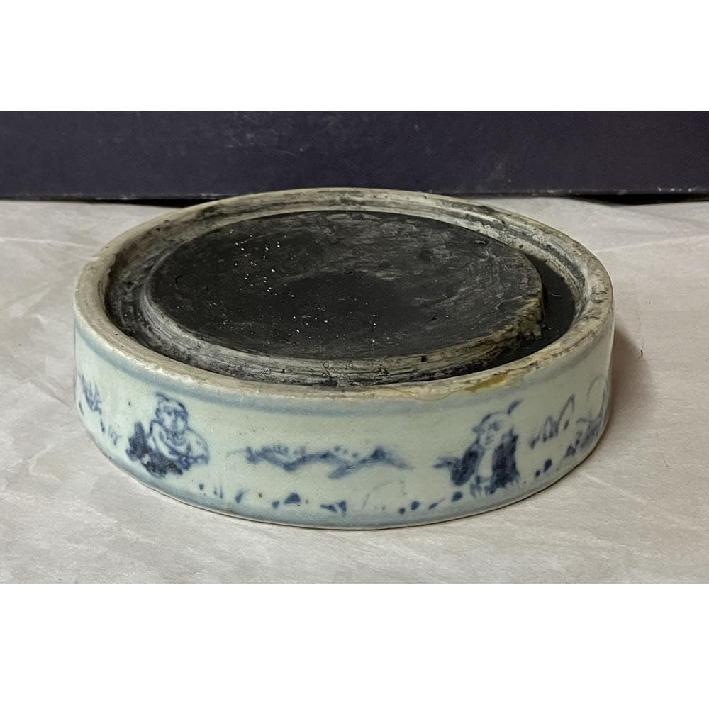 y051 陶硯 染付 唐子図 硯 巾11.5cm 茶道具 書道具 中国古美術