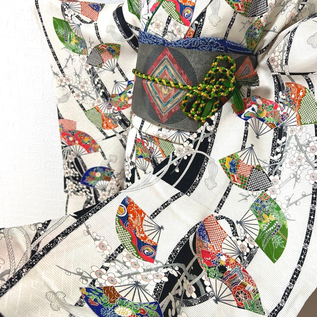 462 振袖フルセット 正絹 白 オフホワイト 小紋 扇面 梅 レトロ カラフル