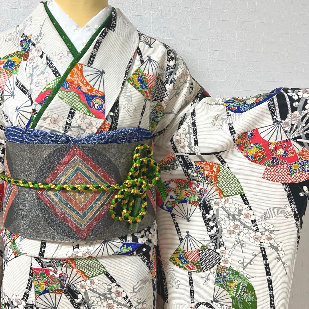 462 振袖フルセット 正絹 白 オフホワイト 小紋 扇面 梅 レトロ カラフル