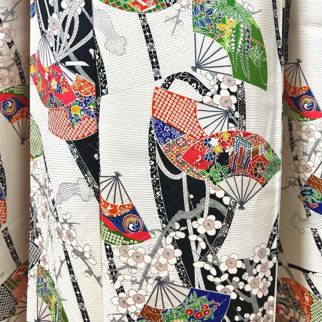 462 振袖フルセット 正絹 白 オフホワイト 小紋 扇面 梅 レトロ カラフル