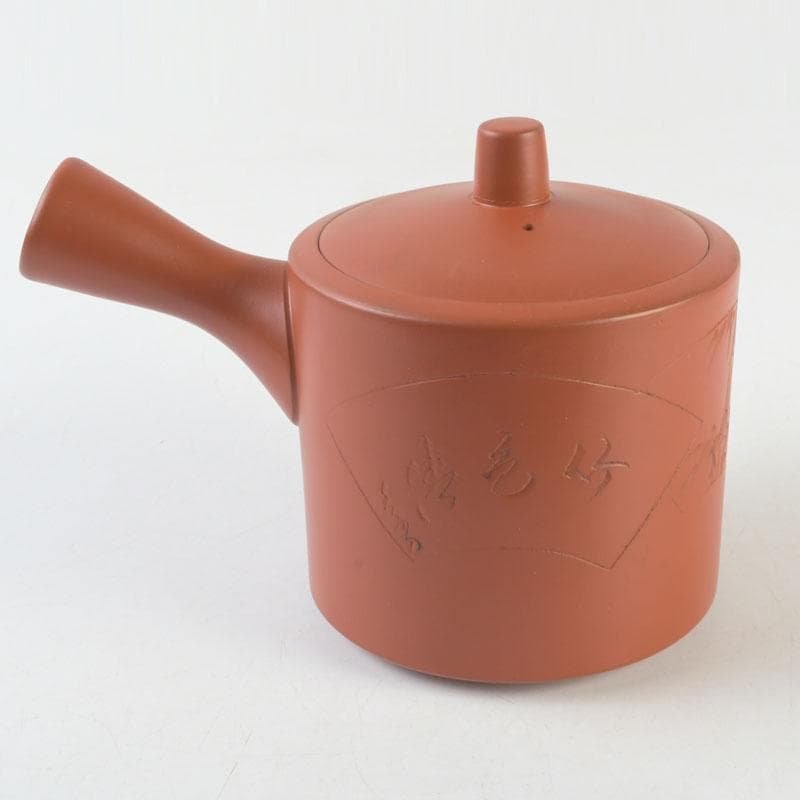 煎茶道具　常滑焼　朱泥　漢詩竹刻　横手急須　V　9580