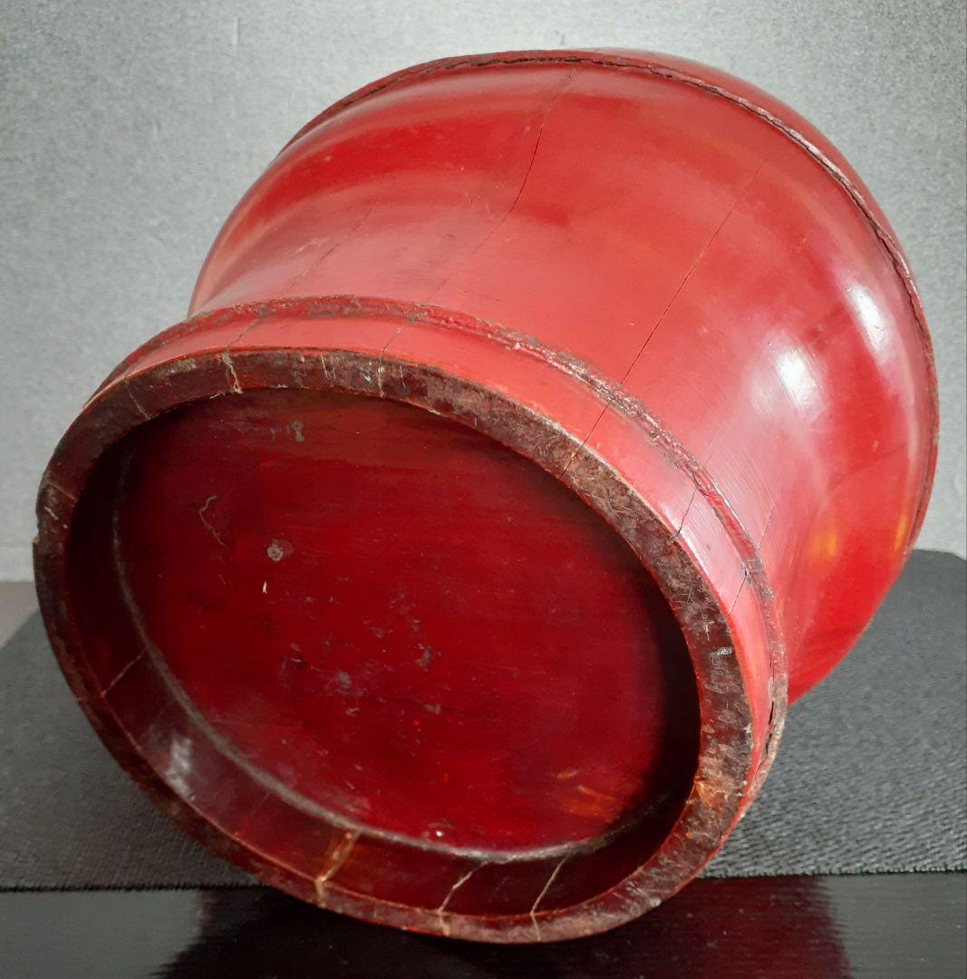 李朝漆器　朝鮮古民具　韓国古玩　朱漆塗り　手付き　透かし造　蝙蝠図　片口　手桶