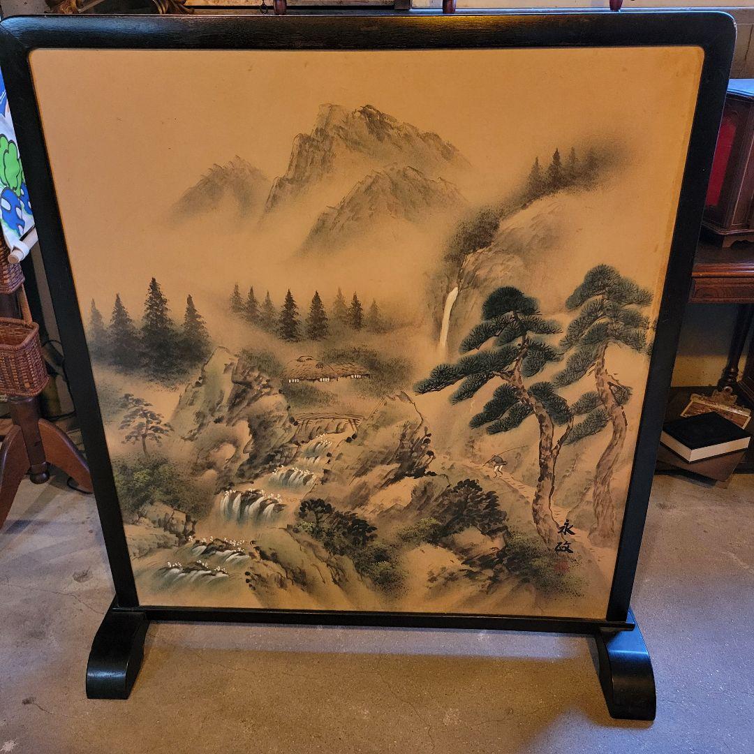 アンティーク屏風永政 山水図 衝立 煎茶道具 間仕切り パーティション