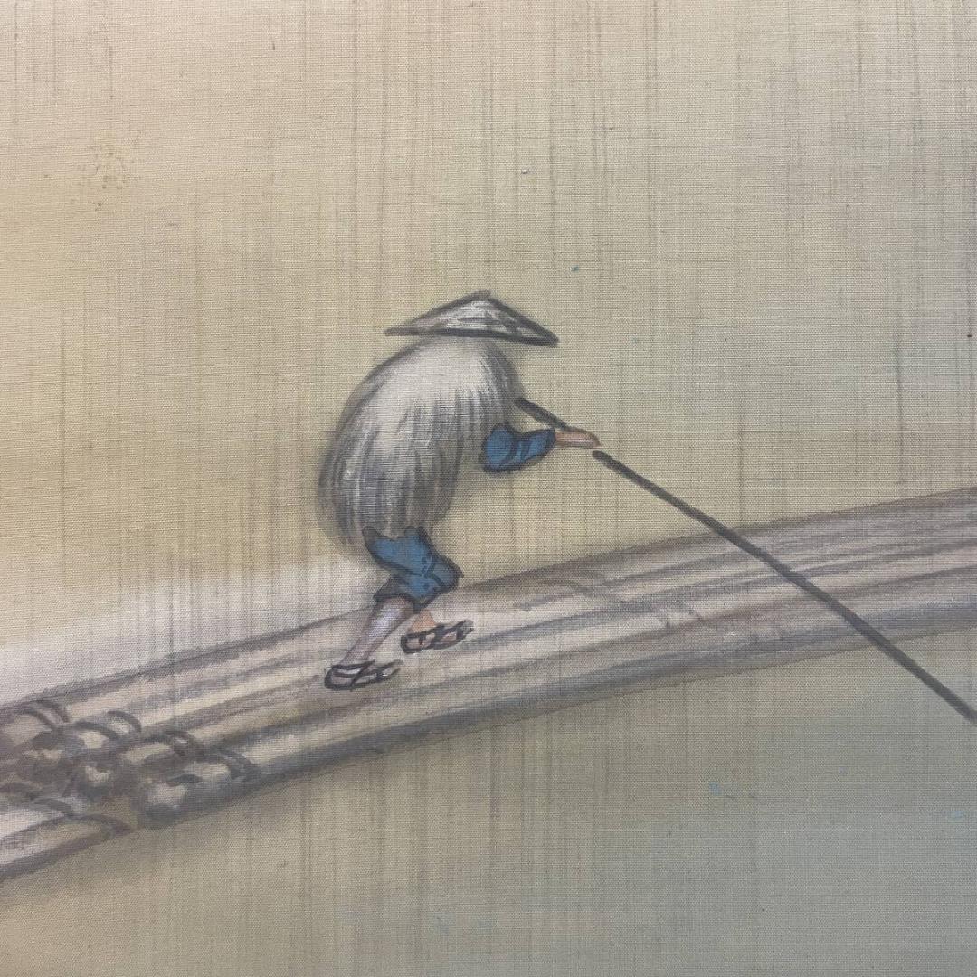 真作/春堂/雨中嵐山春色図/山水/桐共箱付/布袋屋掛軸A-298