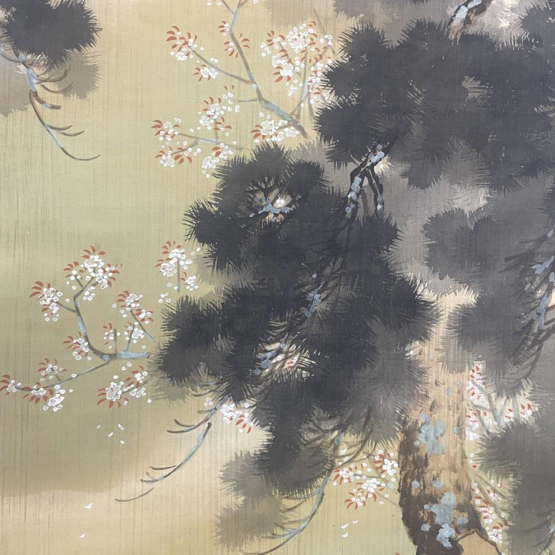 真作/春堂/雨中嵐山春色図/山水/桐共箱付/布袋屋掛軸A-298