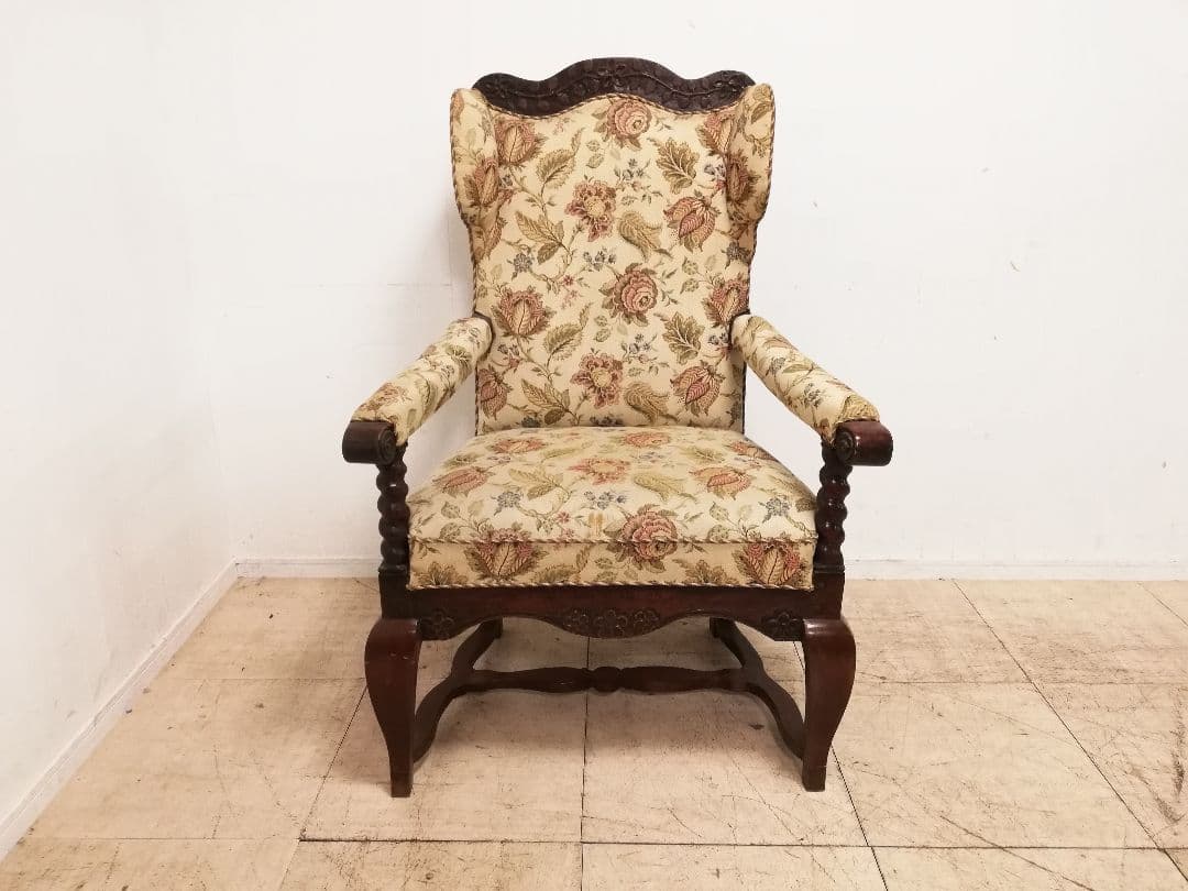 アンティーク ゴブラン織 ウイングバックアームチェア フランス 生地張り替え済