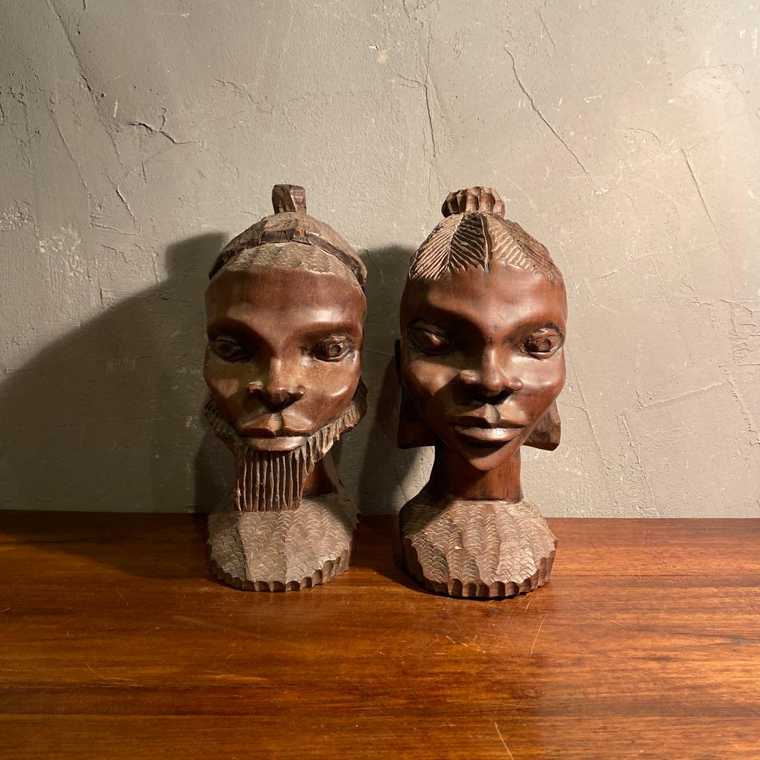 ヴィンテージ アフリカ木彫オブジェ 男女 プリミティブ インテリア置物
