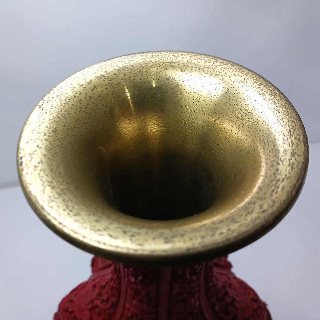 Y2551 中国 堆朱 6面花図 花瓶 高さ31.5㎝