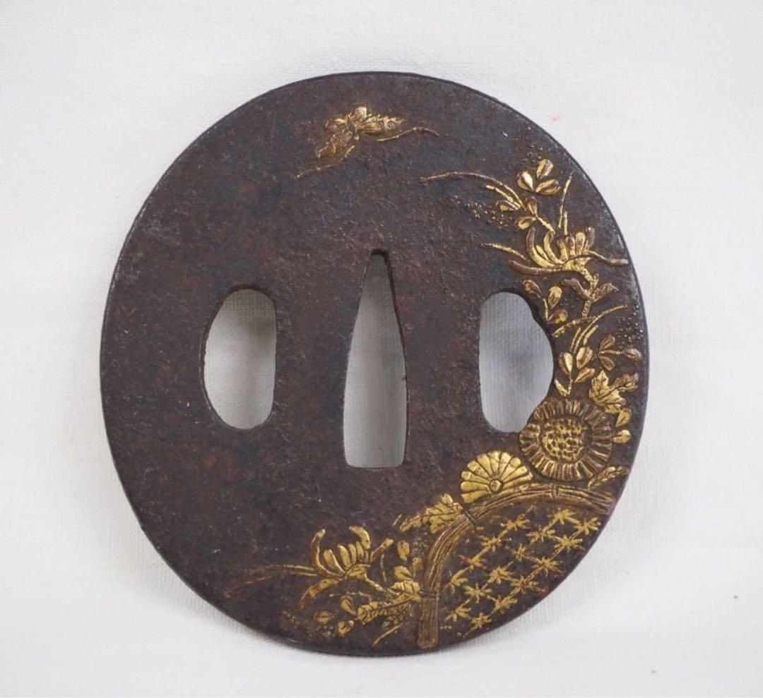 サンデイー　送料無料 江戸時代　金象嵌　蝶々花文鍔　刀剣美術