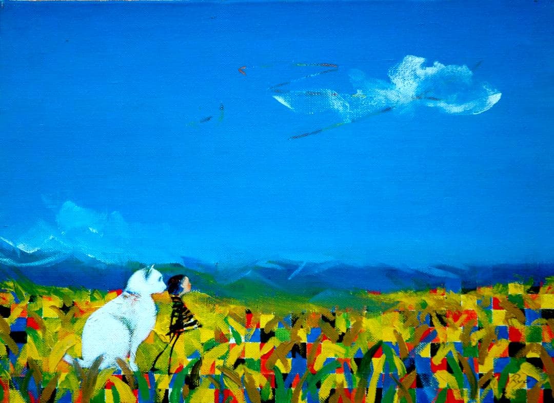 油絵菅家令子絵 絵画インテリア額付(青緑＋金色の枠)F4-072119子犬猫女子