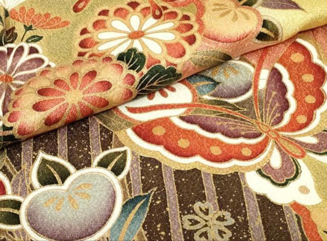 振袖フルセット6点サイズM〜Ｌ舞蝶花文　暈し染め　金彩　正絹