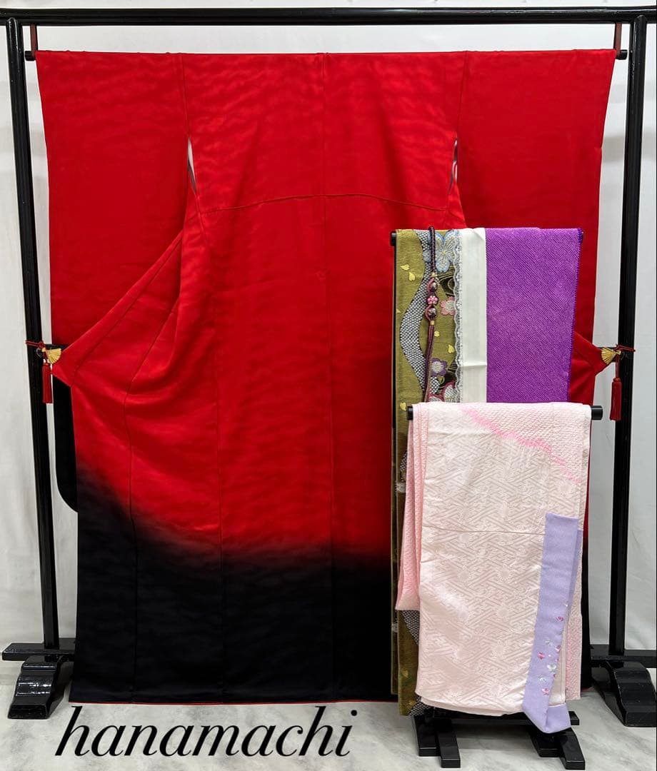 振り袖　フルセット　別誂絞り長襦袢付　赤　黒　ツートーン　成人式　 580