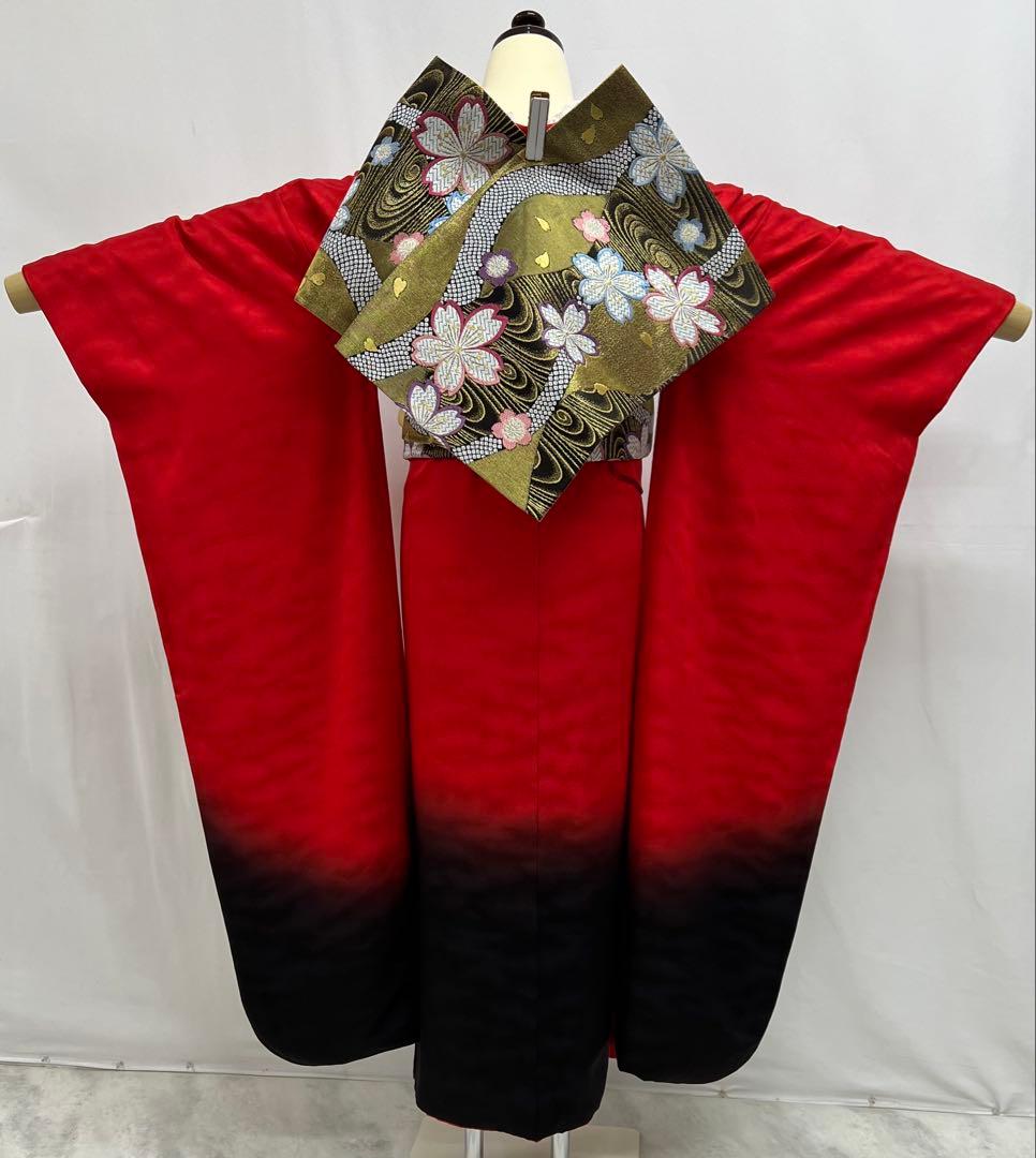 振り袖　フルセット　別誂絞り長襦袢付　赤　黒　ツートーン　成人式　 580