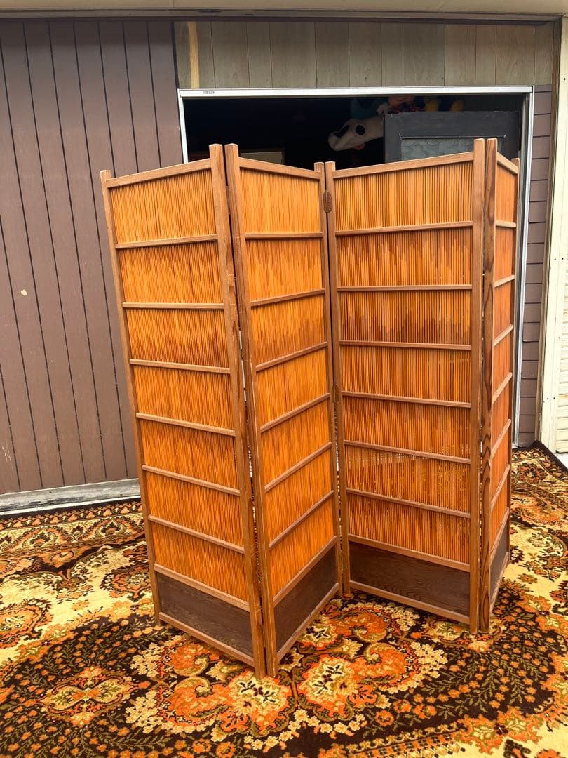 花寄屏風 4枚折 衝立 茶道具 パーテーション 目隠し インテリア 昭和レトロ