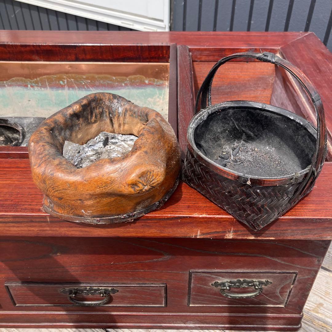 昭和レトロ 木製 長火鉢 3杯 引き出し収納付き 火鉢 五徳付き 囲炉裏 古家具