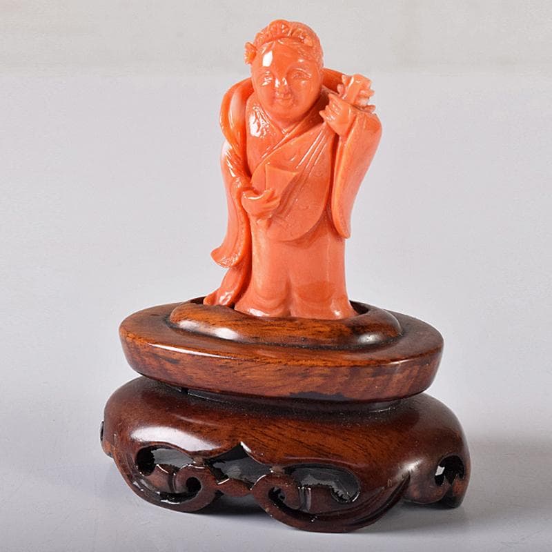 中国　赤珊瑚彫刻　サンゴ　弁財天像　七福神　置物　唐木台付　G　8383