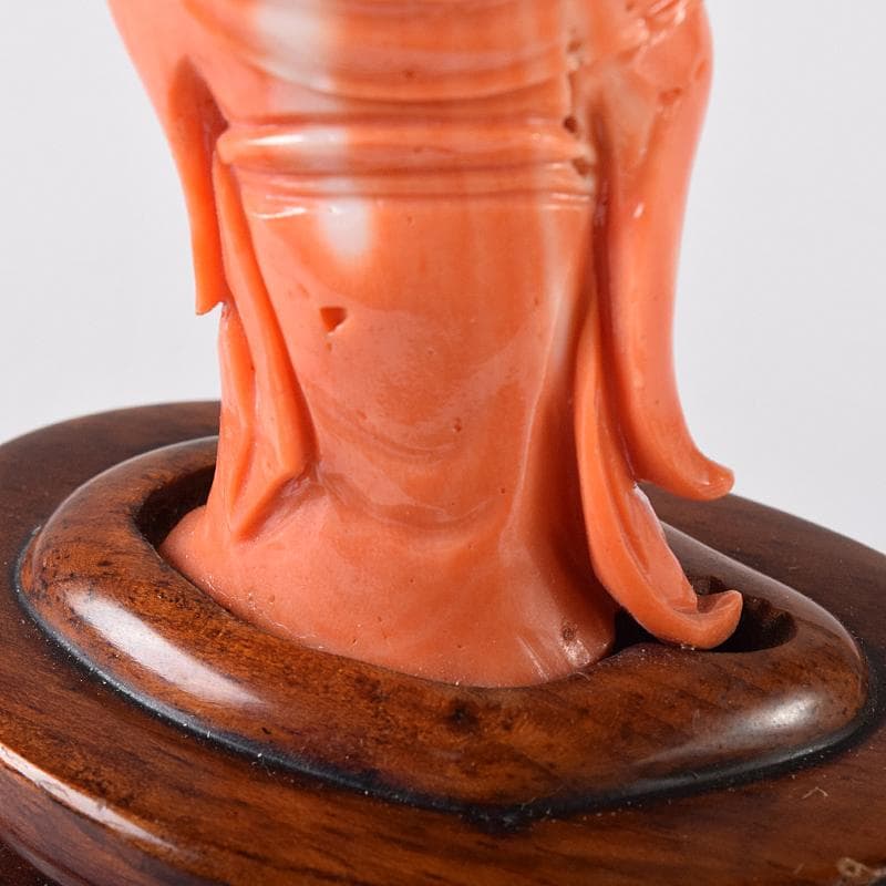 中国　赤珊瑚彫刻　サンゴ　弁財天像　七福神　置物　唐木台付　G　8383