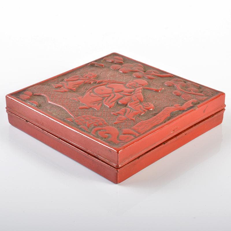 中国　剔紅　堆朱　山水人物文　四方　肉池　朱肉入　D　R6177