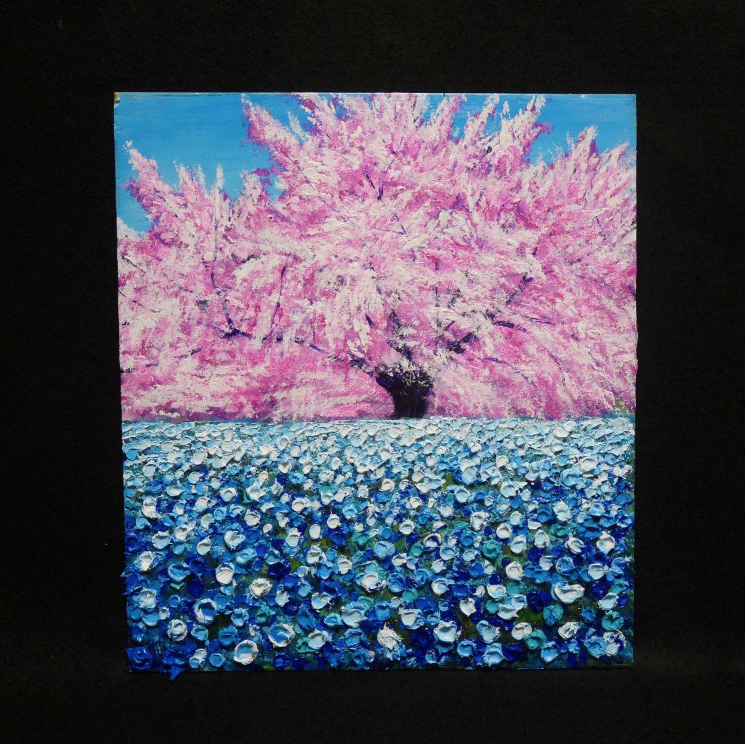 油絵 油彩 油彩画 絵 絵画【桜とネモフィラ】