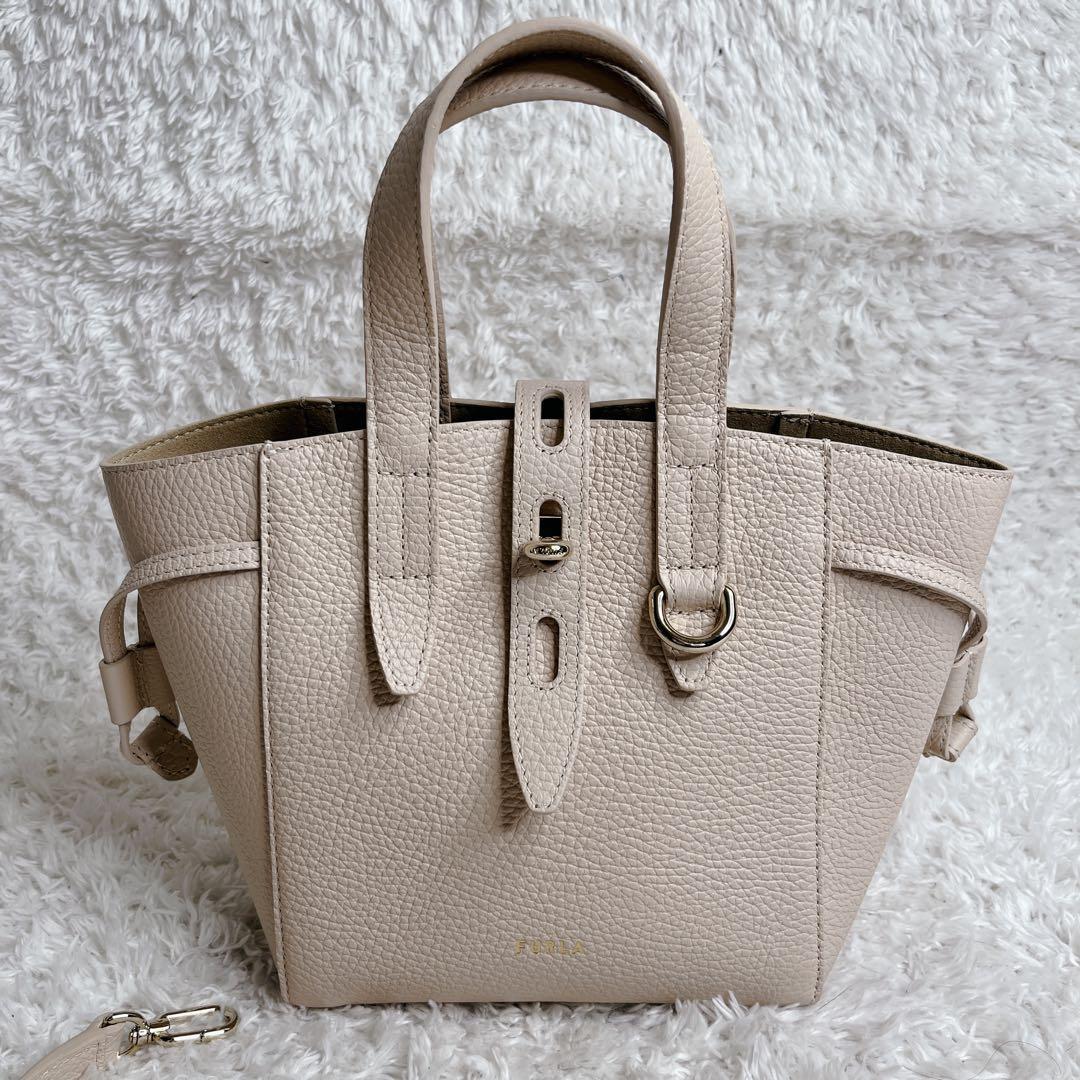 未使用級 フルラ ネット 現行 2way ベ－ジュ ハンドバッグ ミニ レザー