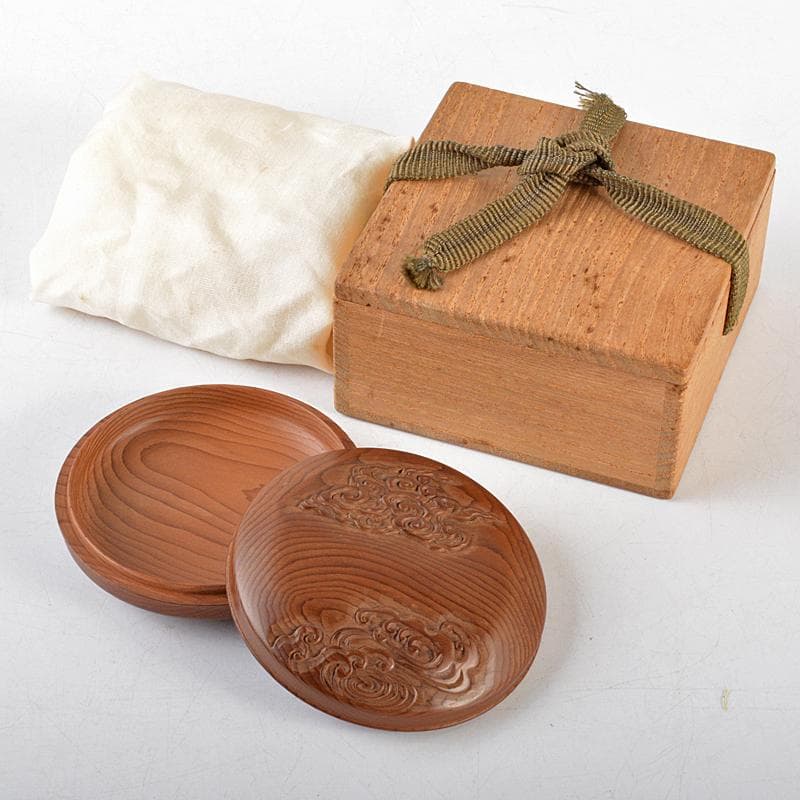 茶道具　指物師　前田南斎作　雲波刻　檪香合　裏千家淡々斎極め箱　M　R5695