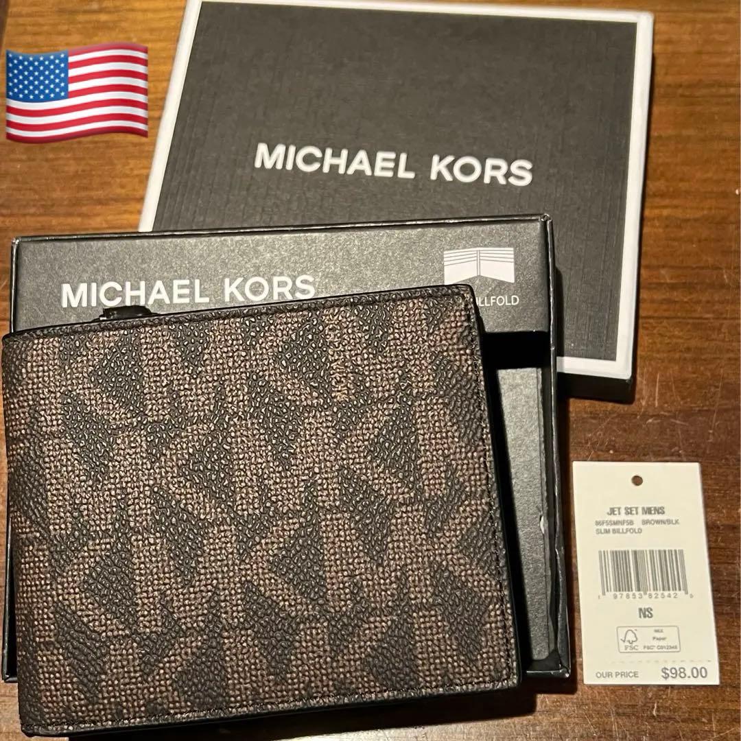 新作MICHAEL KORS ロゴ入りスリム二つ折り本革財布 メンズ4万円の品