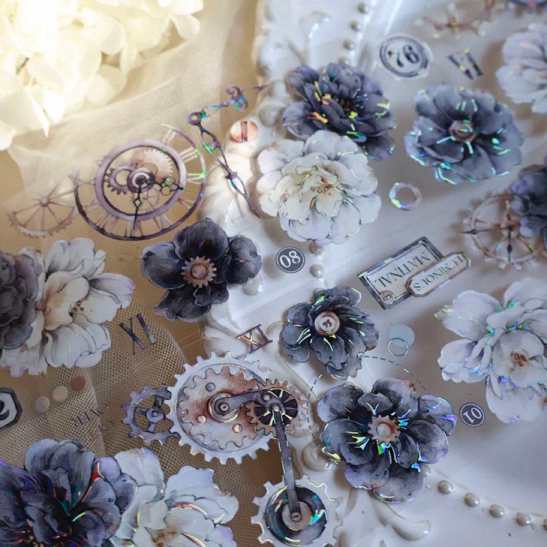 贝壳光 烟墨白 6cm×6m 海外マスキングテープ　海外マステ　時計　花