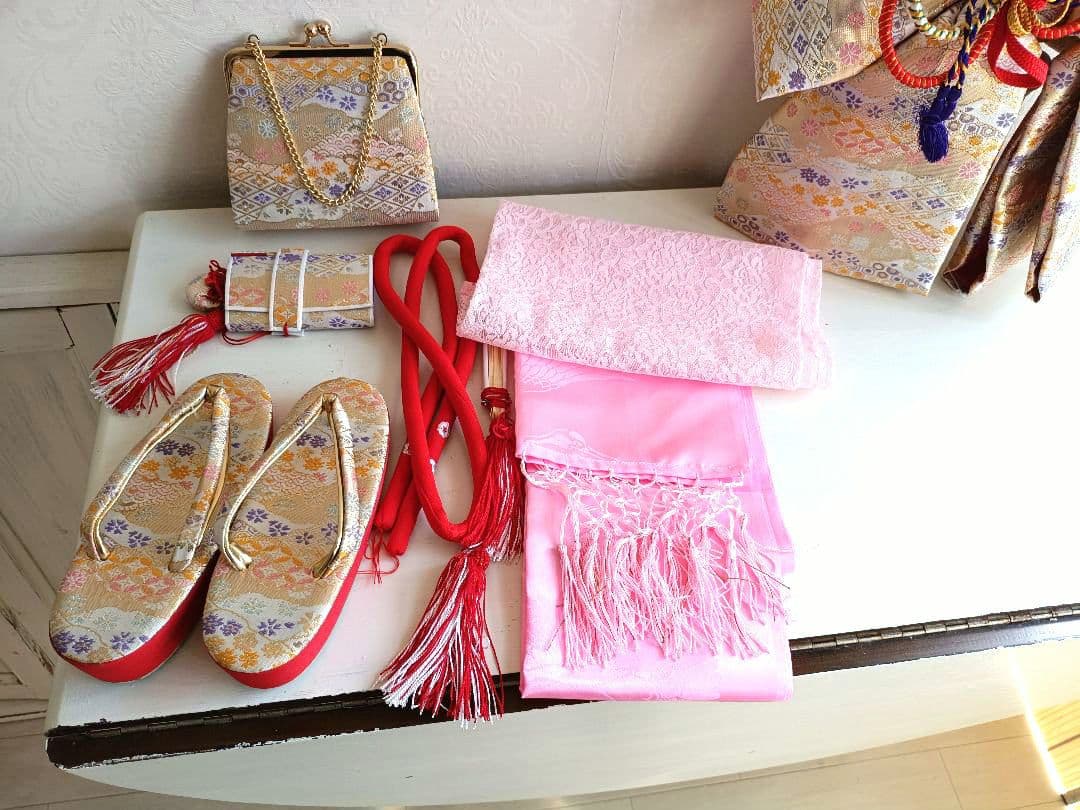 ミントグリーンの着物に白の作り帯セット☆七五三７歳　ハーフ成人式