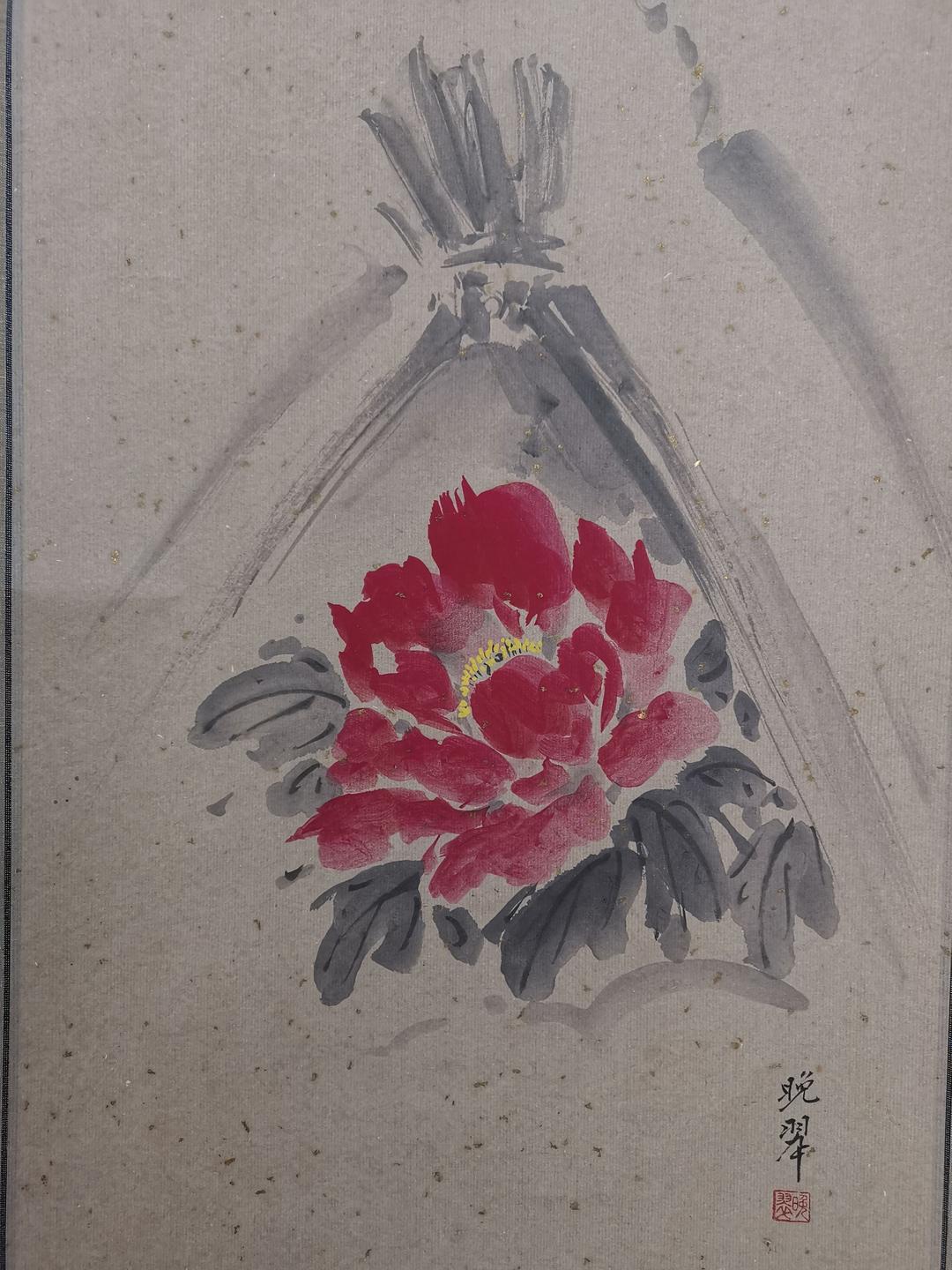 尾上晩翠 「寒牡丹に俳句と俳画」 肉筆真作 金箔の紙 窯変高級陶器軸 美品 箱付