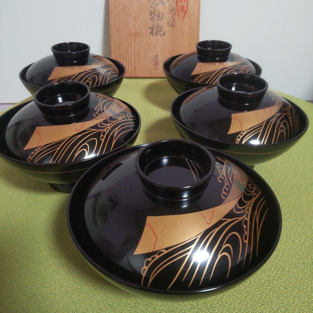 輪島塗 蓋付 椀 吸飲椀 波 鳥 金彩 蒔絵 松 黒 漆塗り 木箱付