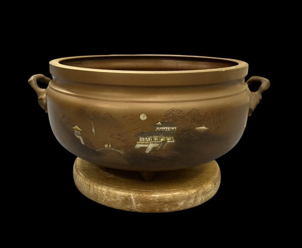 大きな 銅製 火鉢 象嵌 在銘 骨董 古玩 横幅-約53㎝ 高さ-約29㎝