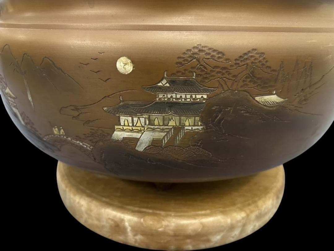 大きな 銅製 火鉢 象嵌 在銘 骨董 古玩 横幅-約53㎝ 高さ-約29㎝