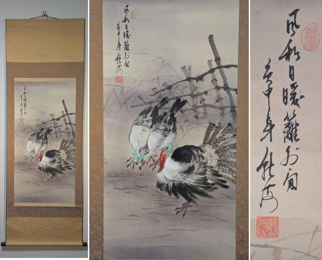【真作】掛軸　竹垣と七面鳥図　花鳥図　雅趣あふれる禽鳥図　合箱入　S13