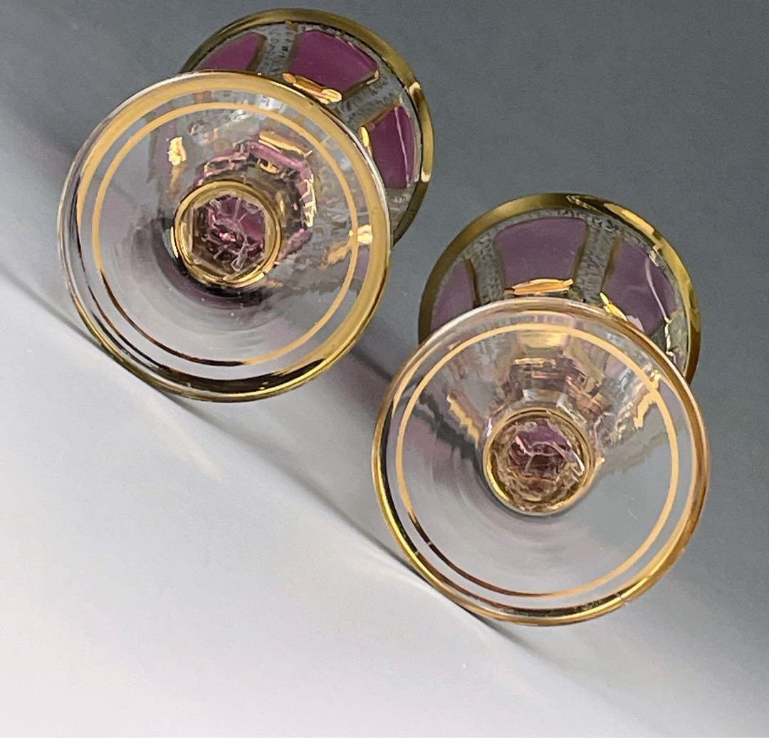 ボヘミア パネルグラス ２個セット クランベリー被せ ワイングラス クサック