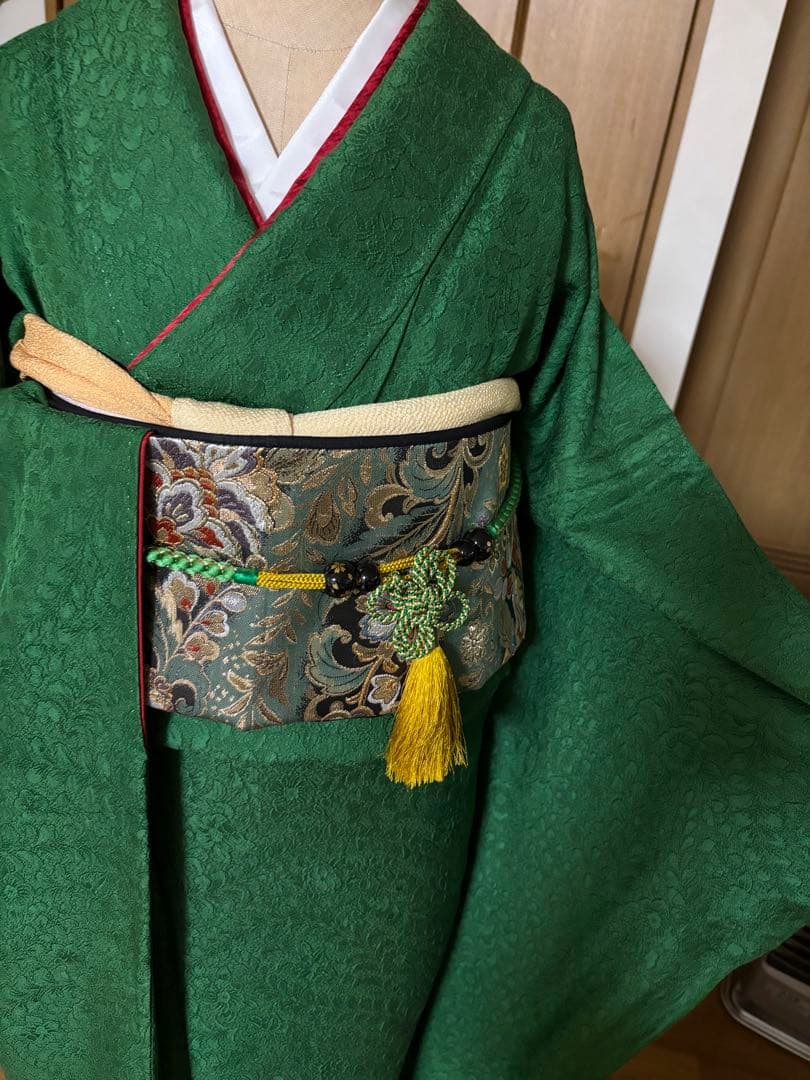 正絹　辻ヶ花地文　正絹無地振袖 花紋　トールゆったりサイズ エメラルドグリーン