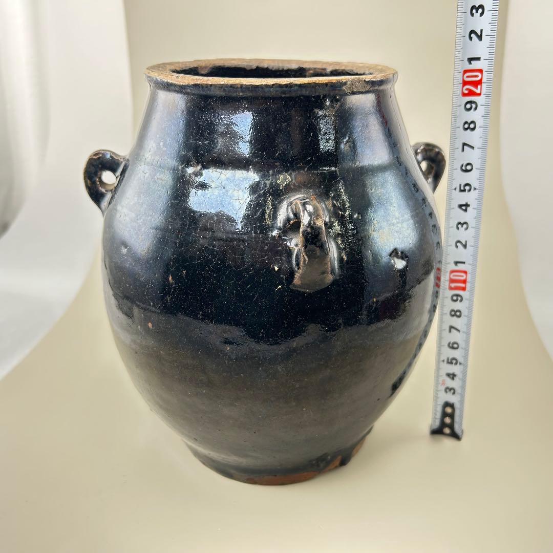 李朝初期 黒高麗壷 黒釉 李朝 壷 伝世品焼物 骨董 古玩 朝鮮 四耳瓶