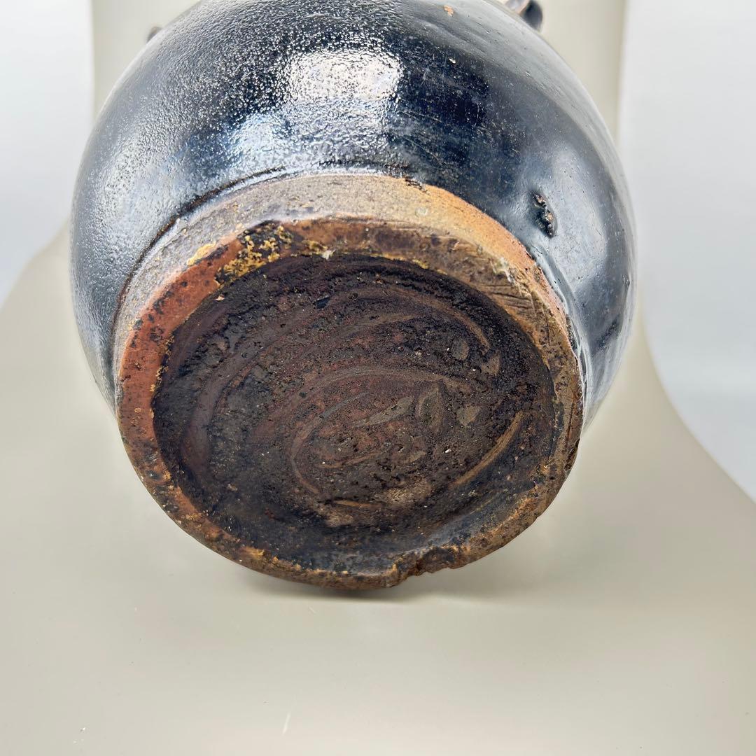 李朝初期 黒高麗壷 黒釉 李朝 壷 伝世品焼物 骨董 古玩 朝鮮 四耳瓶