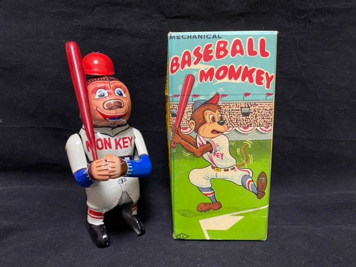 ⭐️珍品！！1950年代？のゼンマイ式ブリキのBASEBALL MONKEY/箱付