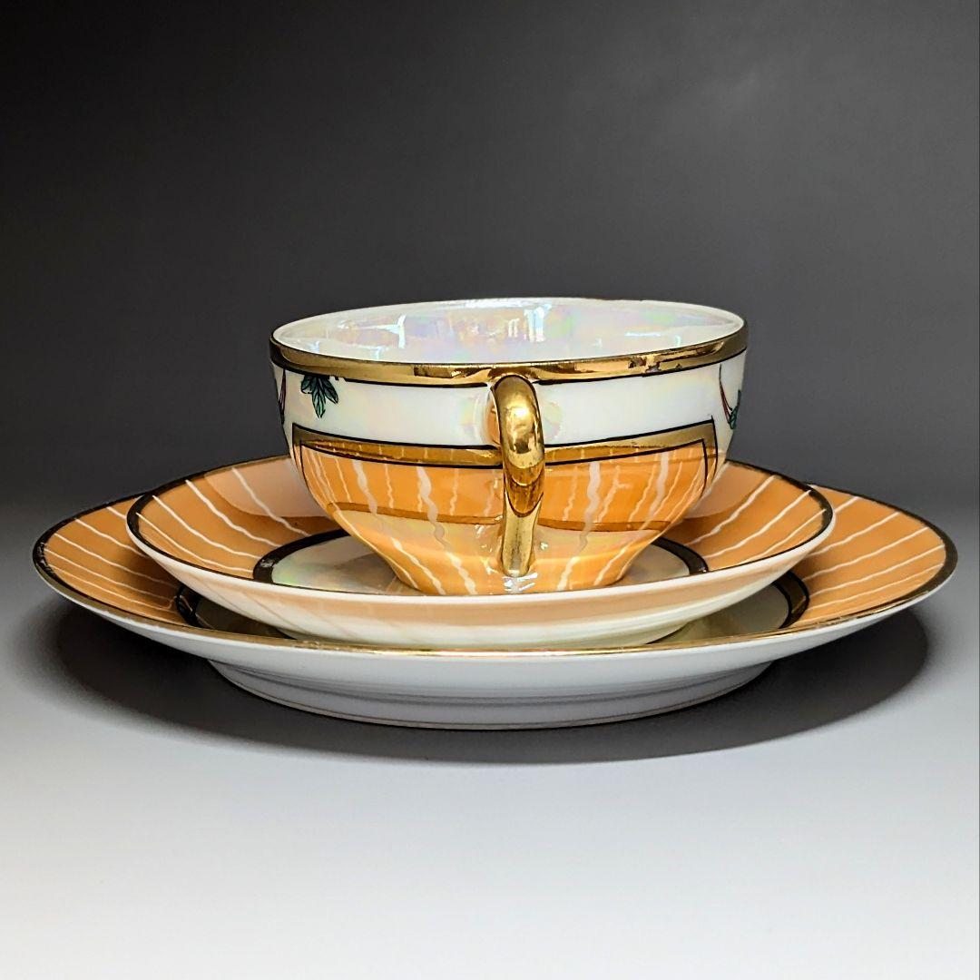 オールドノリタケ アールデコ期大銘品！金彩虹ラスター花籠絵図キャビネット トリオ