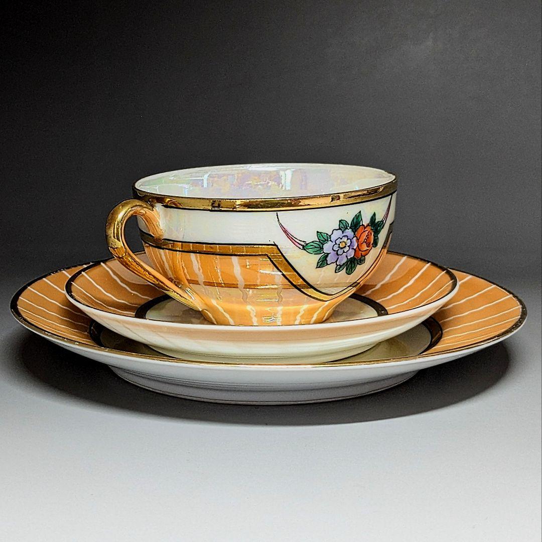 オールドノリタケ アールデコ期大銘品！金彩虹ラスター花籠絵図キャビネット トリオ