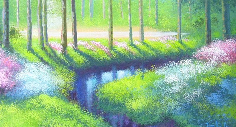 竹内敏彦・絵画・肉筆油絵・風景画 花咲く小川 F12