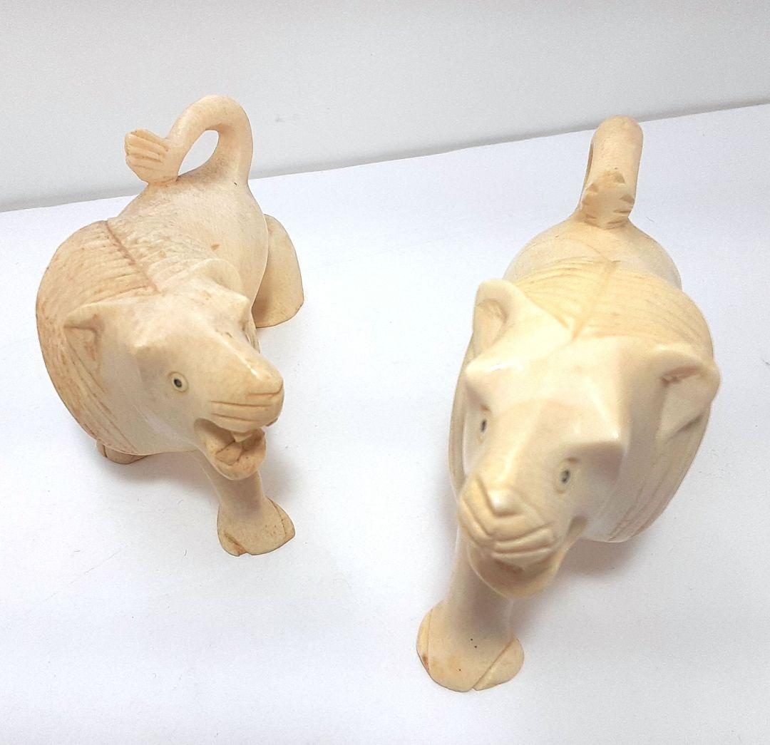 Y667-3 極上 高級彫刻 ライオン細工 置物 2体セット 総重量445g