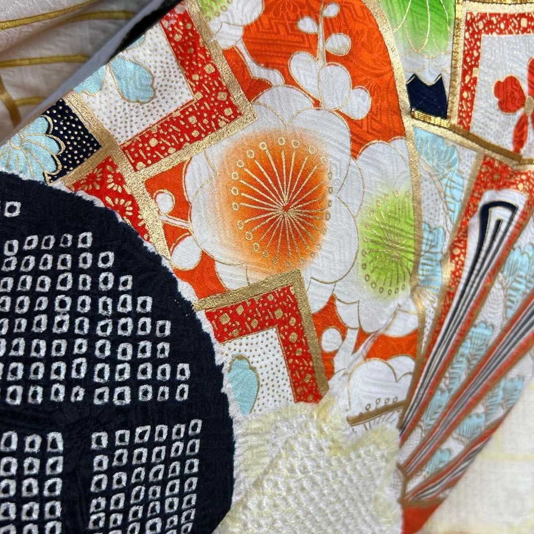 386 振袖フルセット 正絹 橙 黄色 黒 絞り 金彩 駒刺繍 レトロ 古典柄