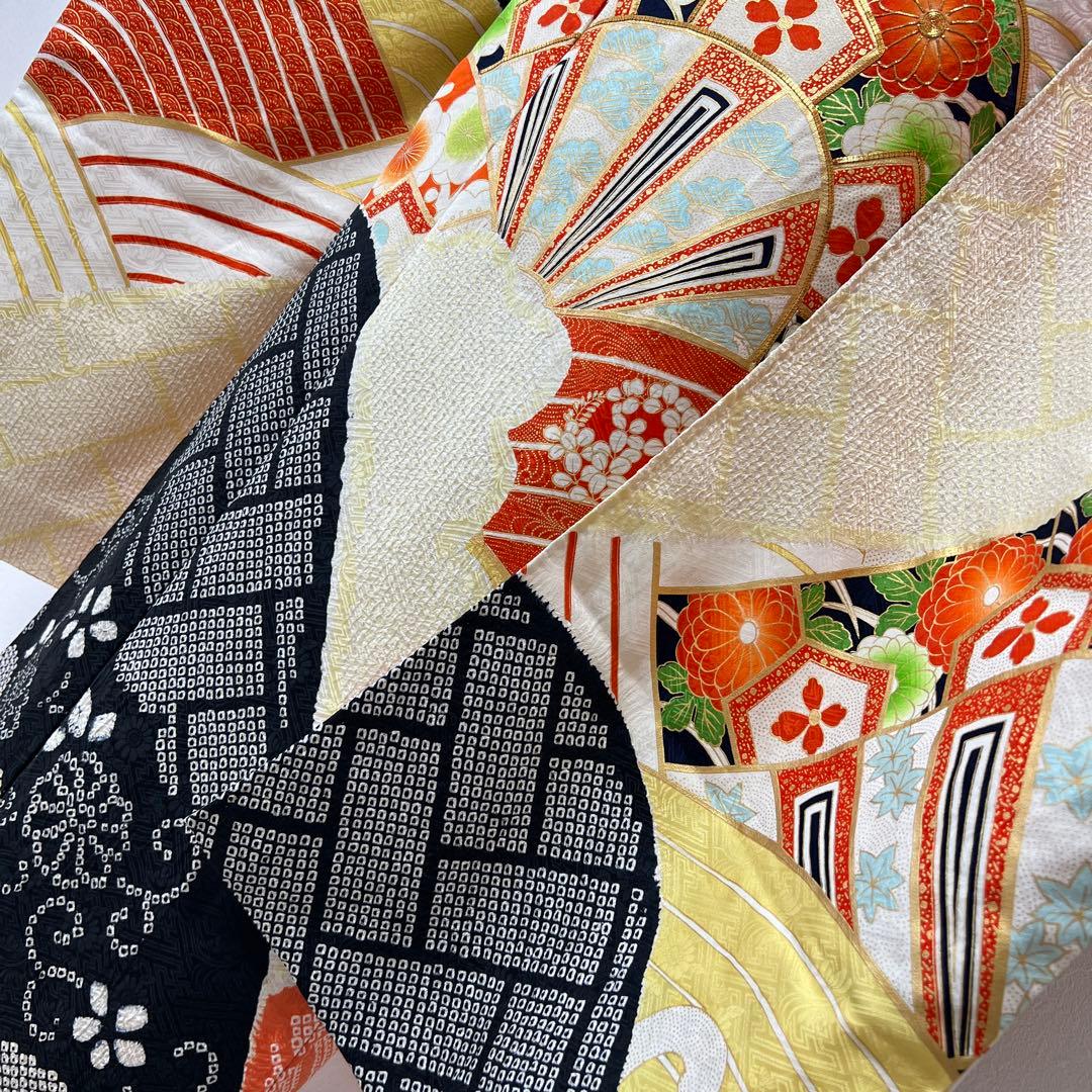 386 振袖フルセット 正絹 橙 黄色 黒 絞り 金彩 駒刺繍 レトロ 古典柄