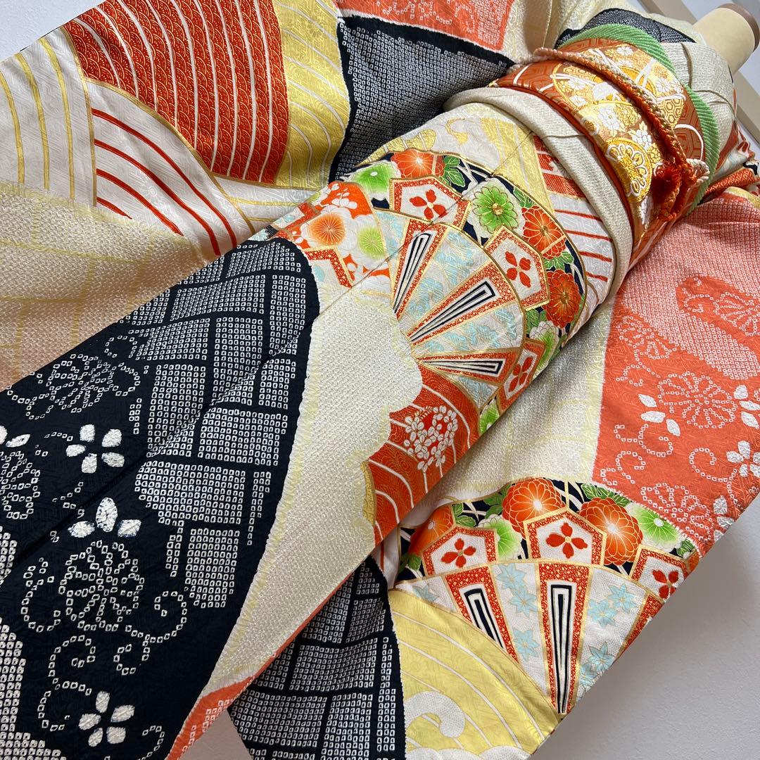 386 振袖フルセット 正絹 橙 黄色 黒 絞り 金彩 駒刺繍 レトロ 古典柄