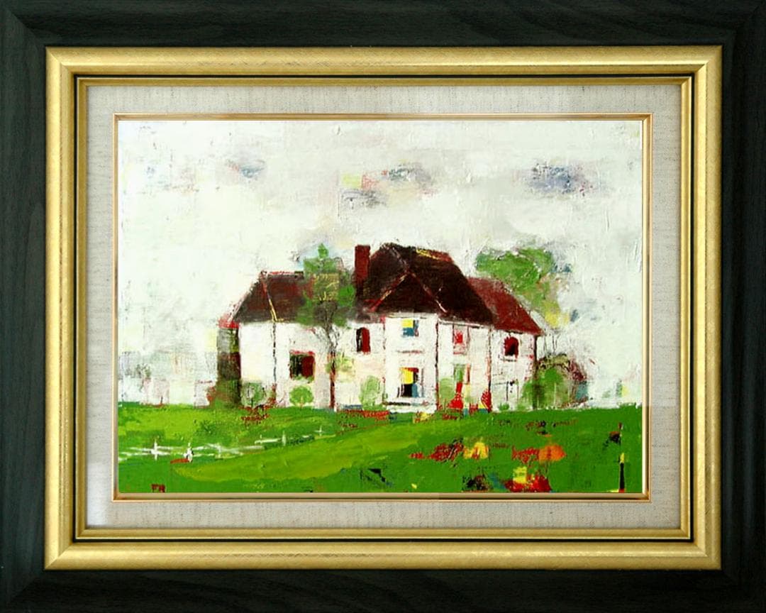 油絵 菅家令子 絵画インテリア 額付(青緑＋金色の枠) uF6-062203風景