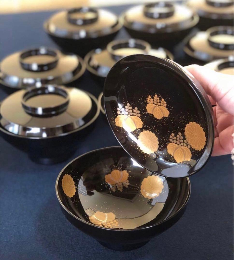 《レ》黒塗 菊桐蒔絵 煮物椀10客 雑煮椀 木製漆器 木箱251113え1