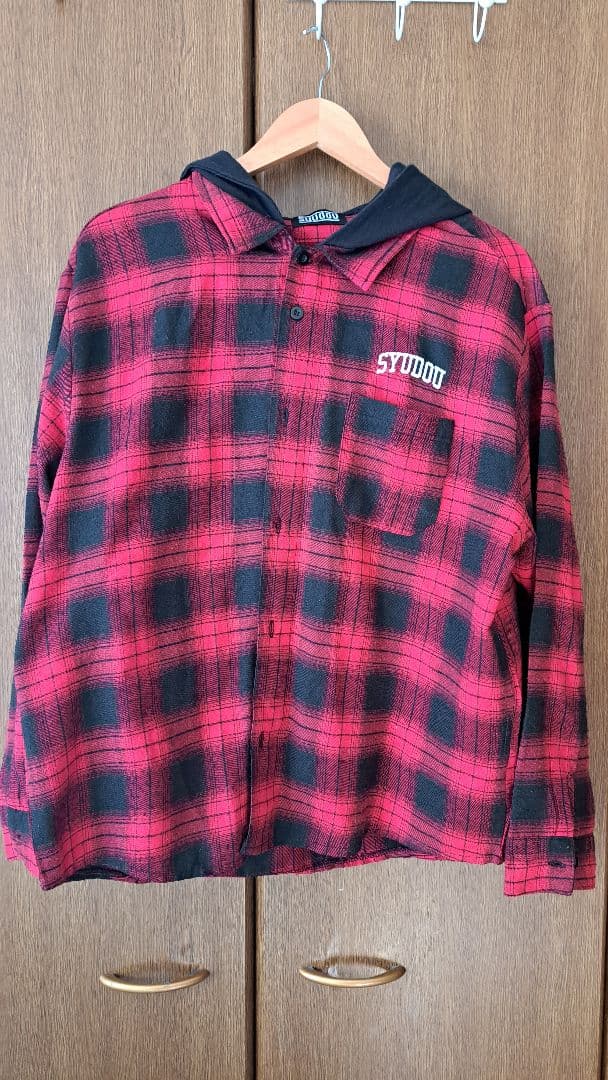 syudou フードフランネルチェックシャツ