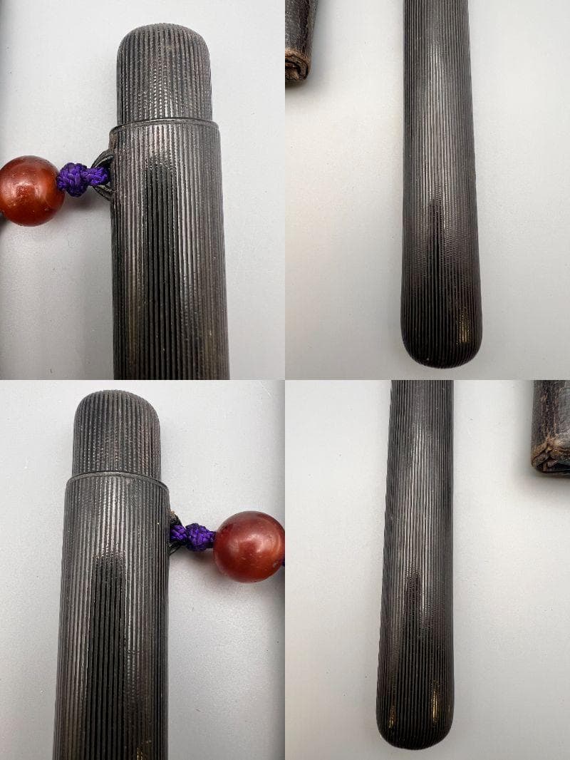 江戸明治時代　斧形前金具　銀象嵌　裏金具在銘　キセル入れ一心在銘　瑪瑙珠根〆