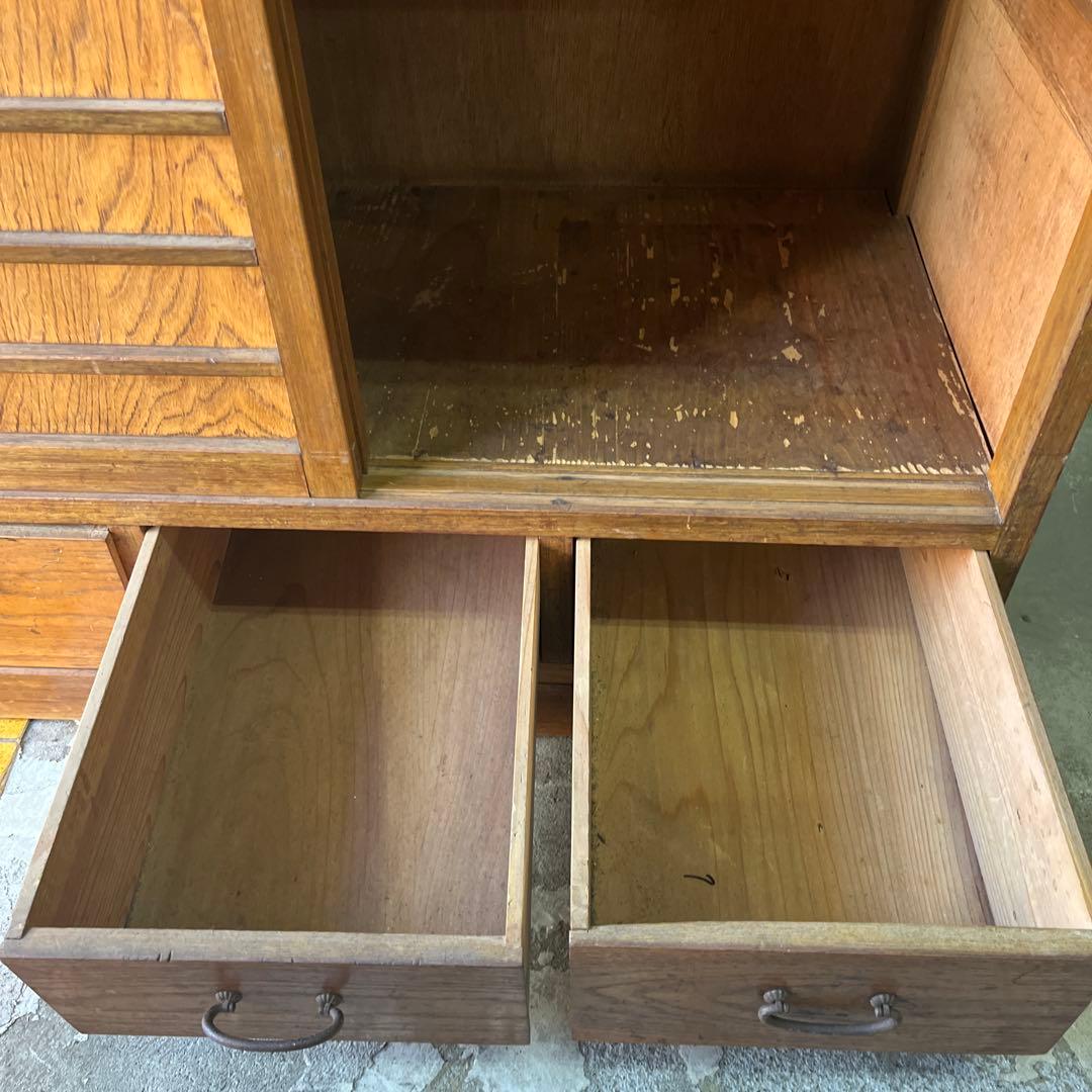 水屋箪笥 昭和初期 ガラス扉 キャビネット 引き出し三杯